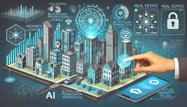 Ciudad futurista con edificios inteligentes, IA, blockchain e interfaces digitales.